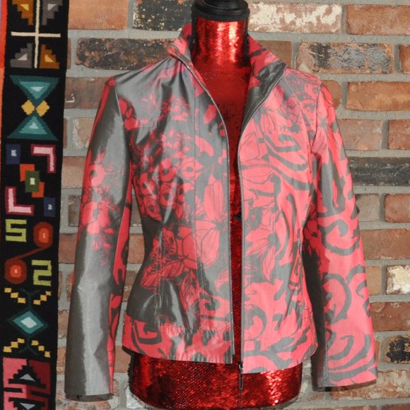 New Betty Barclay Grey & Red Tailored Zip-up Botanical Floral Jacket 34 S - Picture 4 of 9